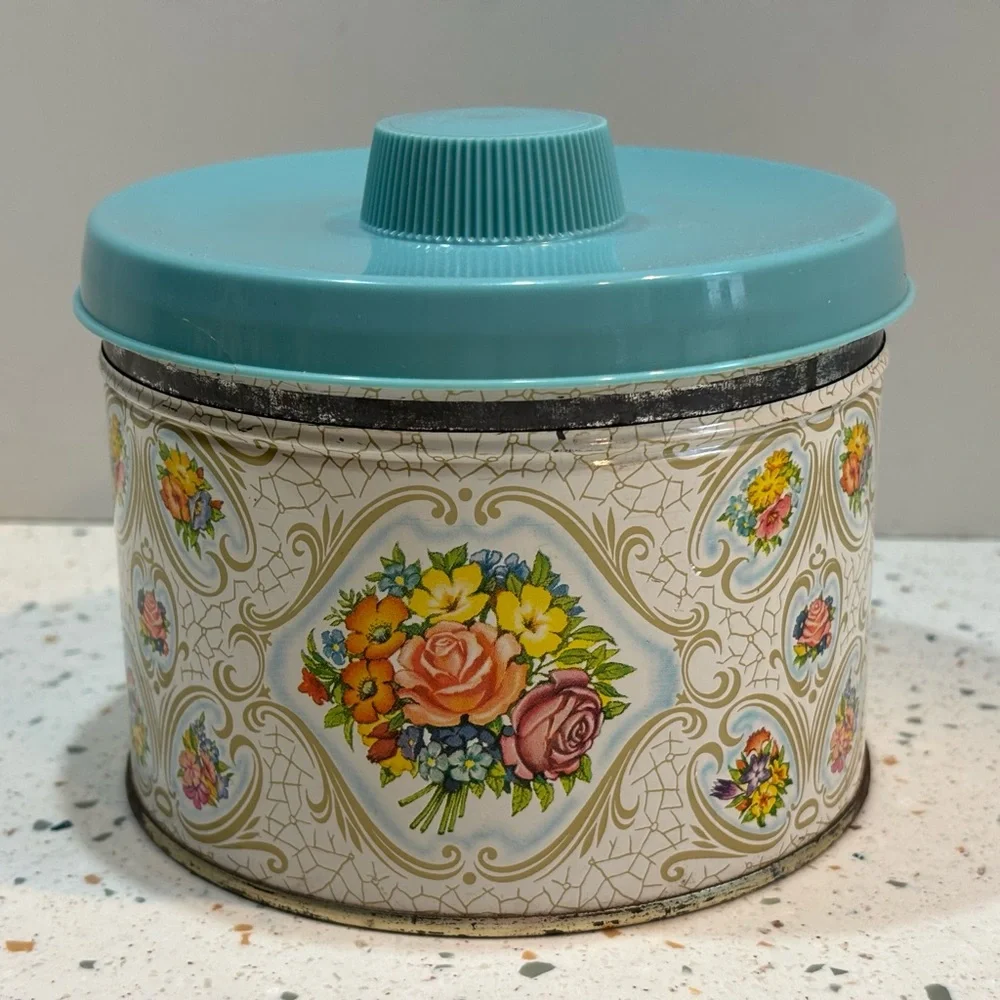Vintage Floral Flower‎ Tin Container with Blue Lid